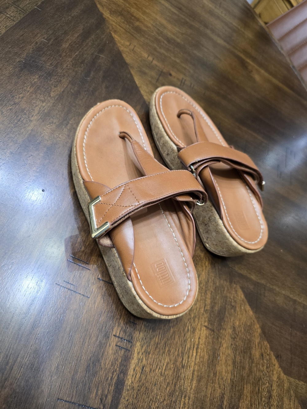 FitFlop Tan Leather Cork Platform Thong Sandals